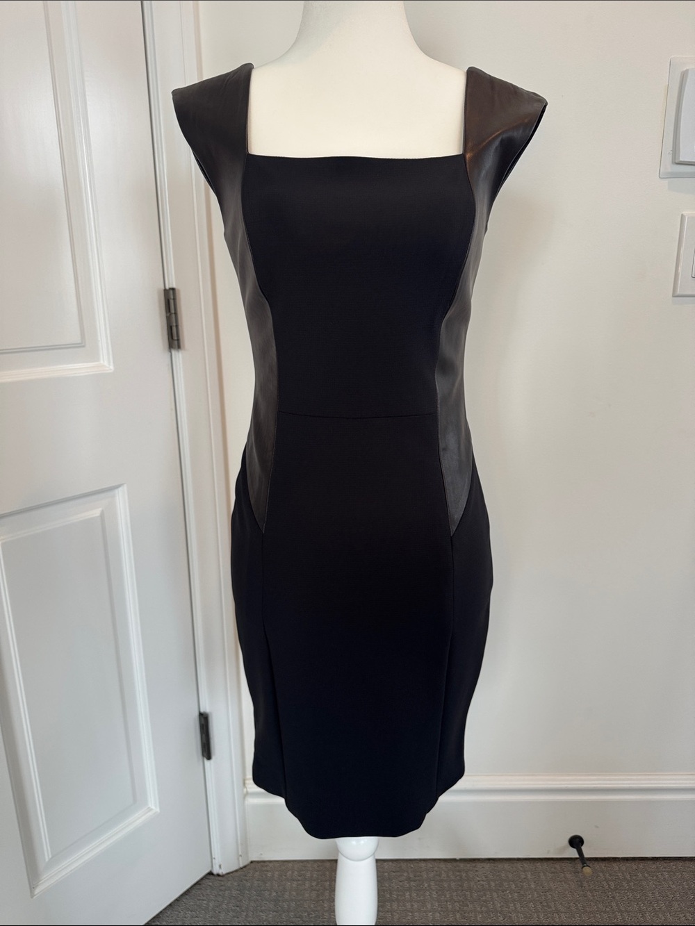 rag & bone Black Cap-Sleeve Leather Panel Sheath Dress